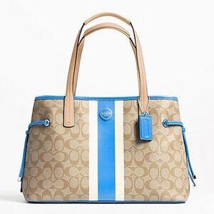 Coach Leather Signature Blue Stripe Carryall Tote Bag